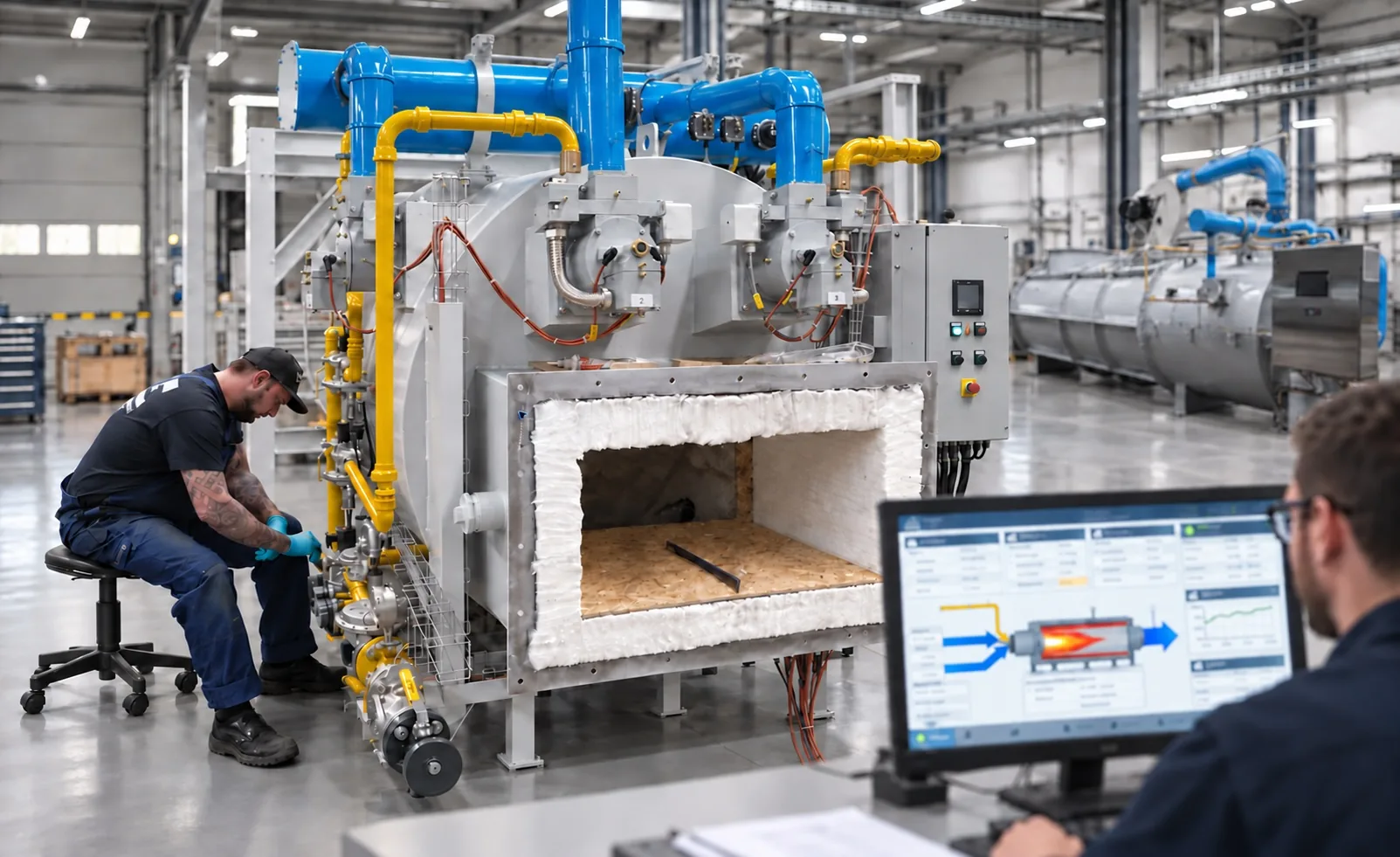 Service engineer working on a gas train of an industrial furnace while a colleague monitors the process remotely on a dashboard